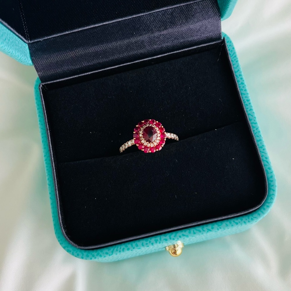 Genuine Pigeon Blood Ruby and Diamond Halo Engagement Ring 10K Solid Rose Gold - Picture 5 of 8